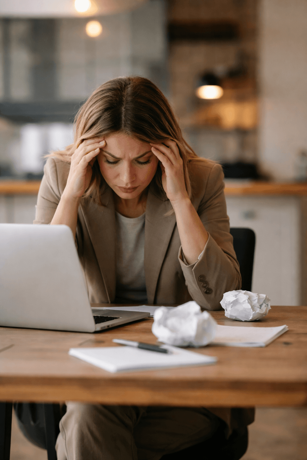 Femme stressée devant son ordinateur, symbolisant les blocages professionnels liés à la transmission familiale en psychogénéalogie