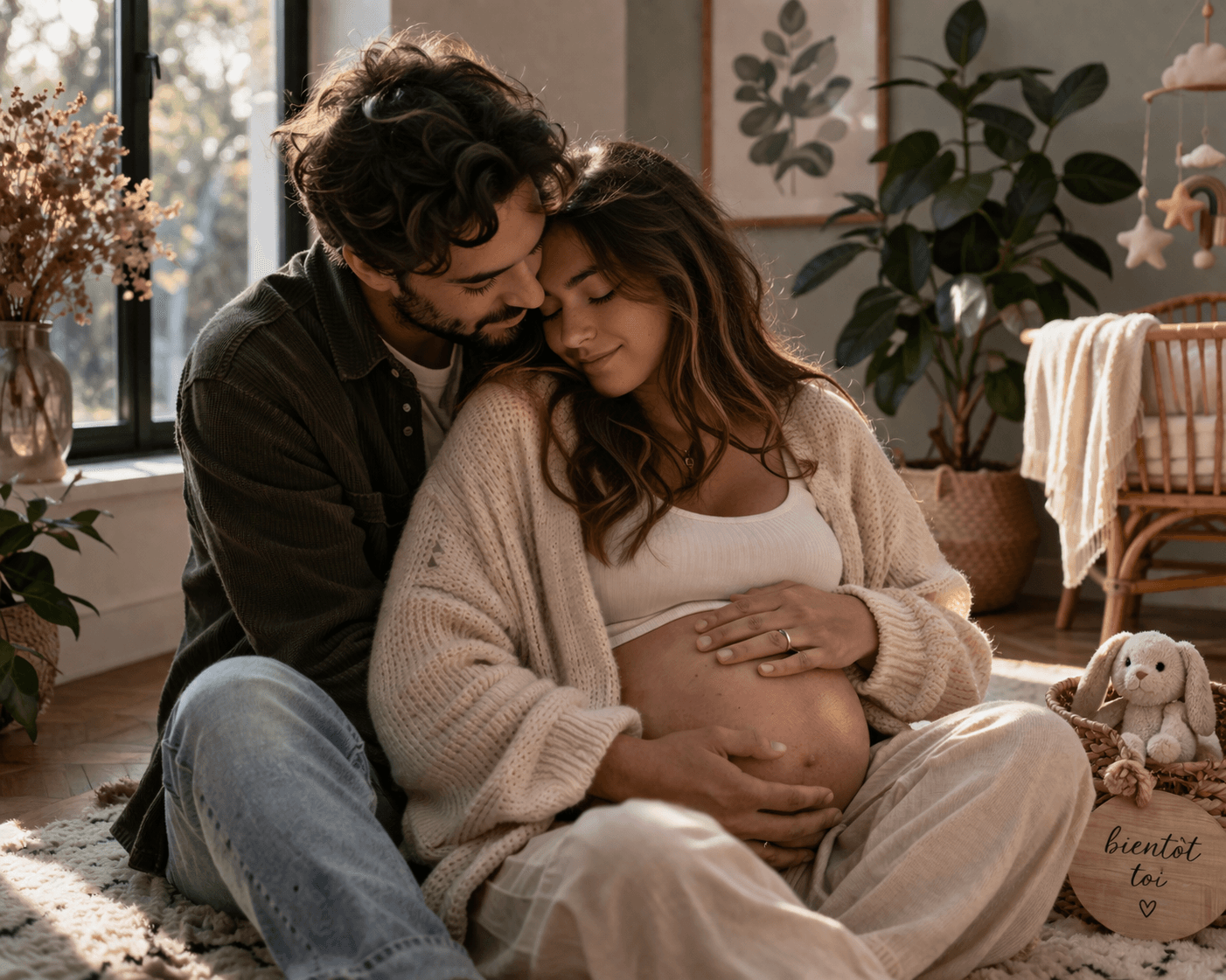Couple enlacé avec une femme enceinte, représentant les parents et futurs parents dans un travail de psychogénéalogie
