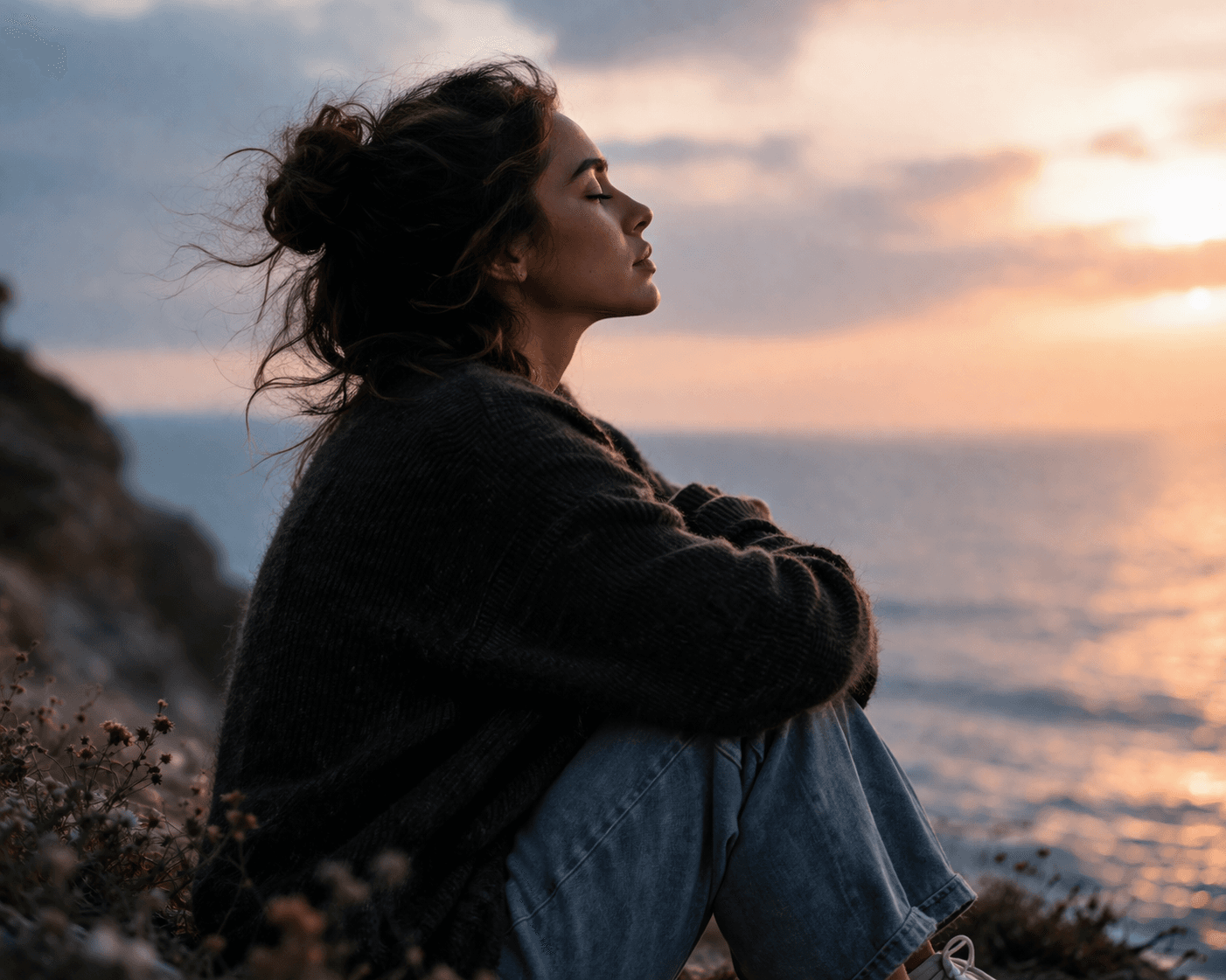 Femme de profil face à la mer au coucher du soleil, évoquant la santé physique et mentale et l'apaisement émotionnel