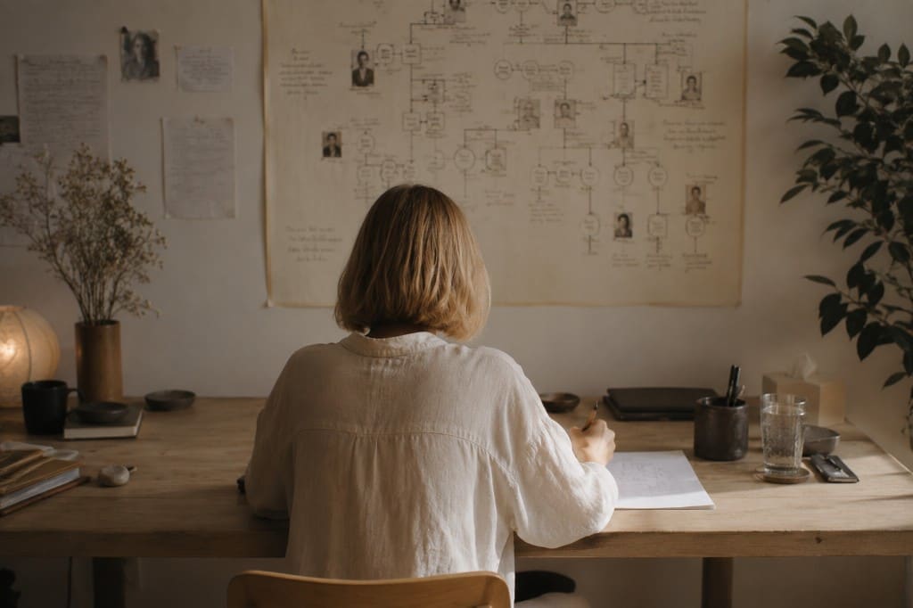 Personne de dos à son bureau devant un génosociogramme mural, en préparation d'une séance de psychogénéalogie